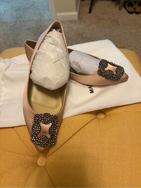 Inspired MB/ Satin Pointed Toe Flats with Crystal Buckle - Champagne size 38